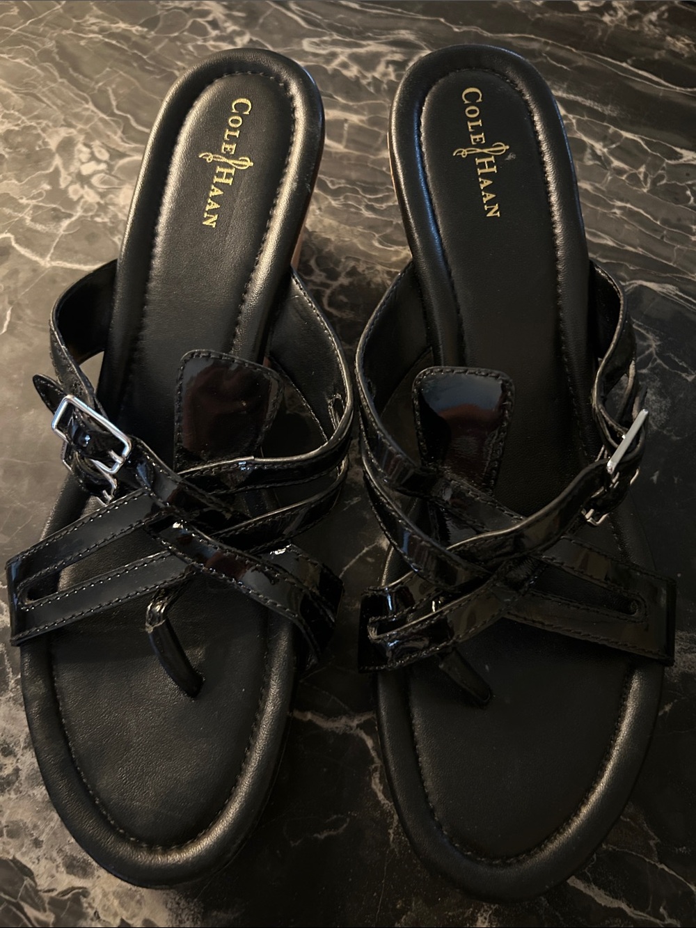 Cole Haan Black Patent Leather Crossover Slide Sandals